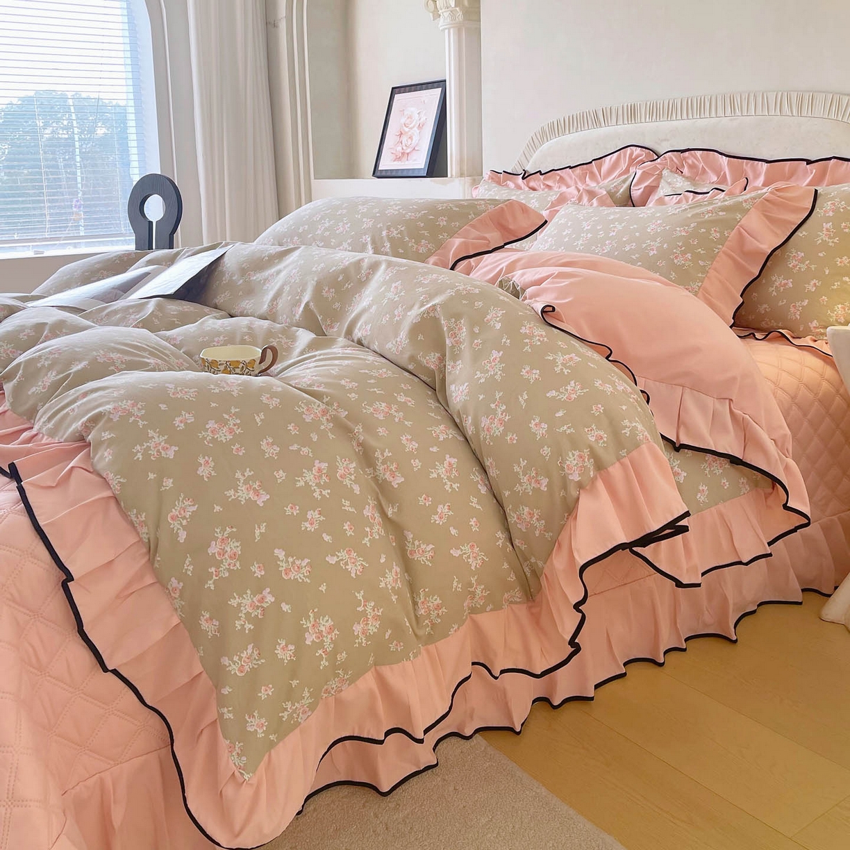 91家纺网 家纺一手货源 找家纺 慕希家纺 2026新款花边床盖四件套 花漾甜心