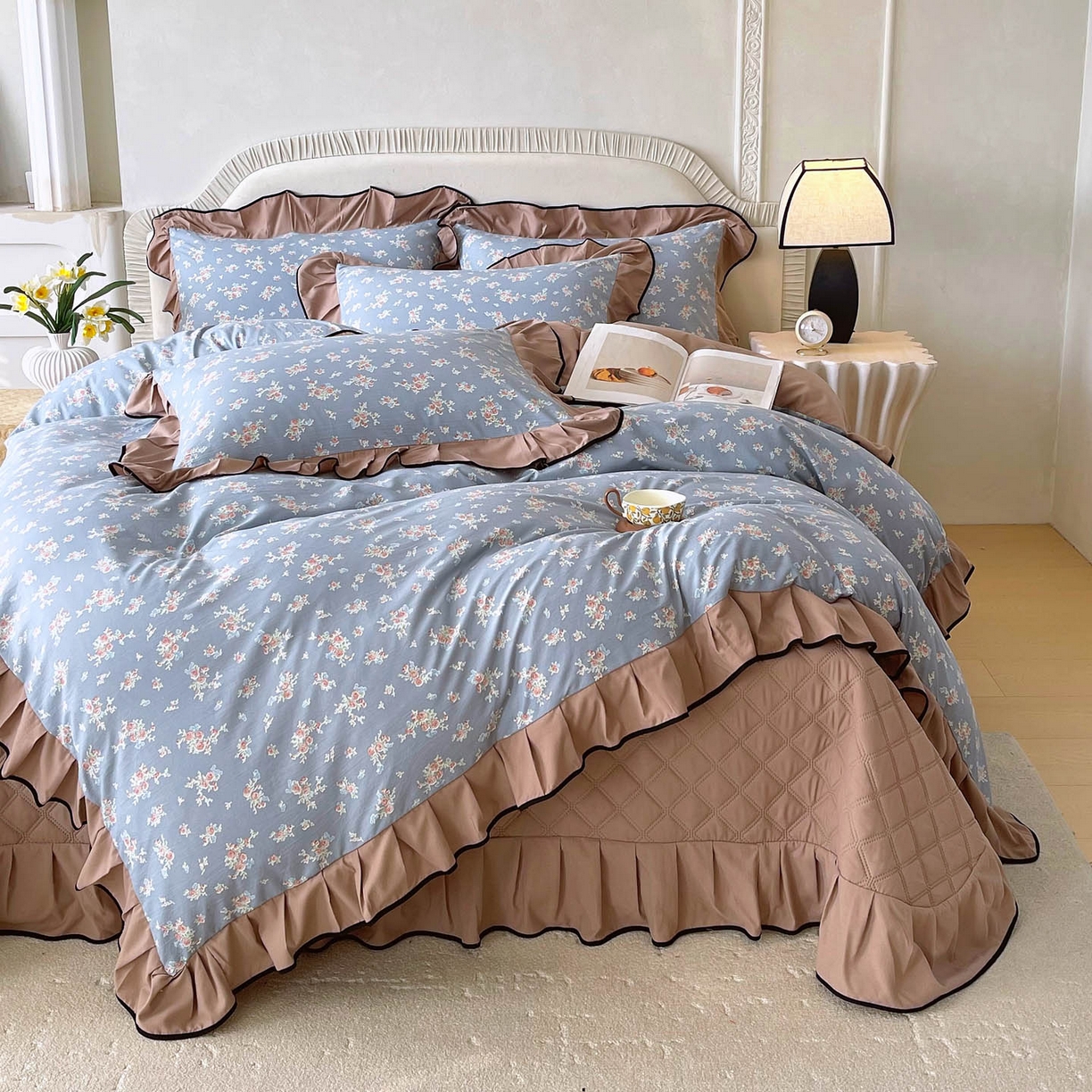 91家纺网 家纺一手货源 找家纺 慕希家纺 2026新款花边床盖四件套 椿庭怀蓝