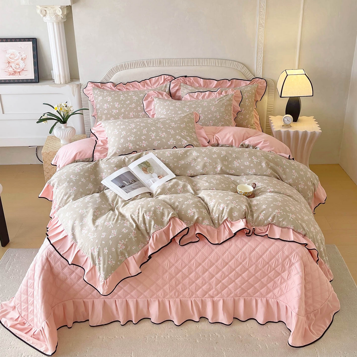 91家纺网 家纺一手货源 找家纺 慕希家纺 2026新款花边床盖四件套 花漾甜心