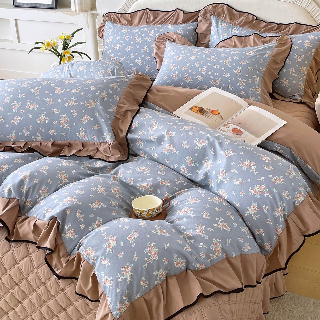 91家纺网 家纺一手货源 找家纺 慕希家纺 2026新款花边床盖四件套 椿庭怀蓝