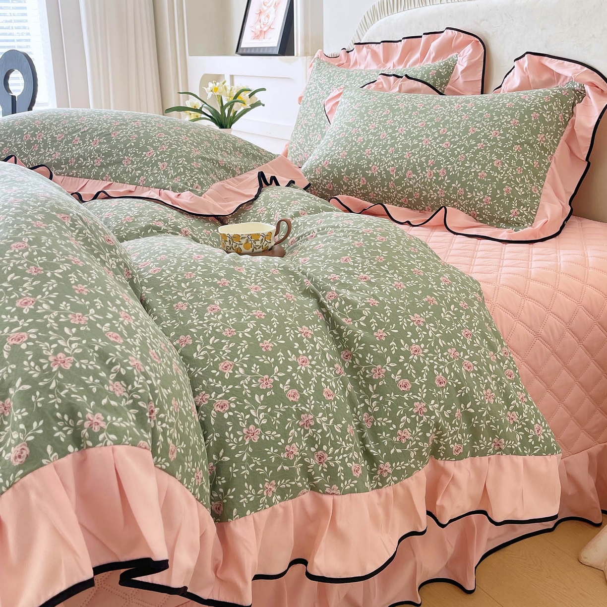 91家纺网 家纺一手货源 找家纺 慕希家纺 2026新款花边床盖四件套 秘密花园