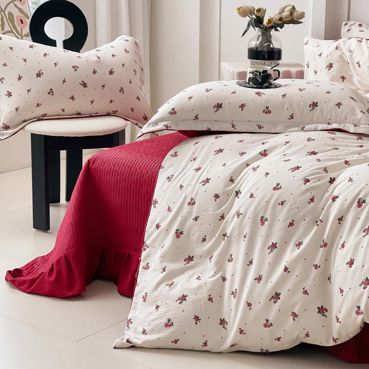 91家纺网 家纺一手货源 找家纺 慕希家纺 2026新款皱皱水洗棉床盖款四件套 玫瑰园