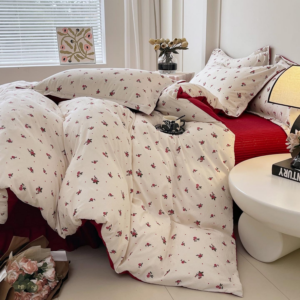 91家纺网 家纺一手货源 找家纺 慕希家纺 2026新款皱皱水洗棉床盖款四件套 玫瑰园