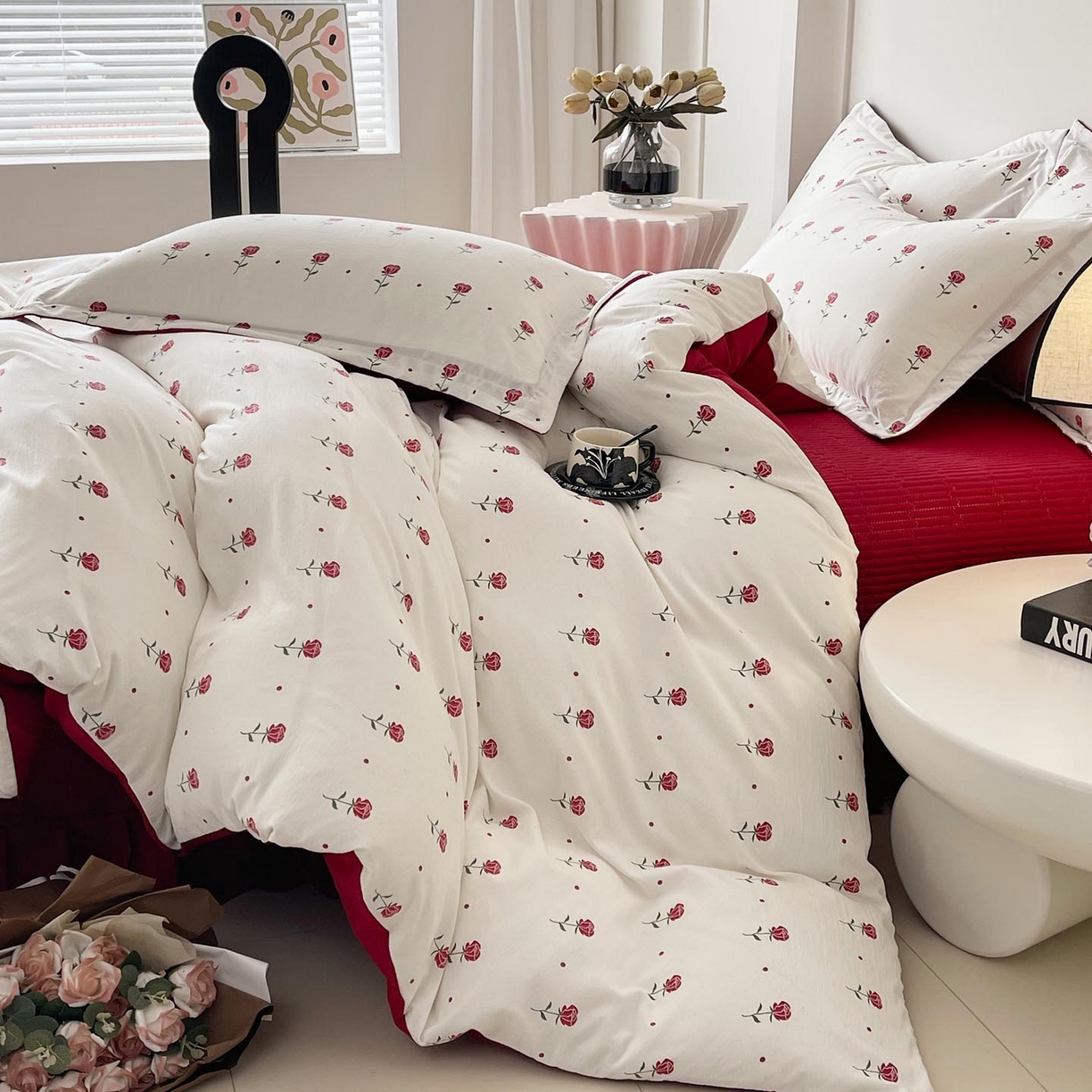 91家纺网 家纺一手货源 找家纺 慕希家纺 2026新款皱皱水洗棉床盖款四件套 卡地亚-红