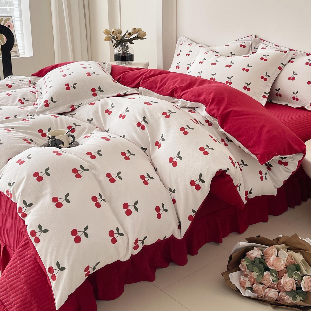 91家纺网 家纺一手货源 找家纺 慕希家纺 2026新款皱皱水洗棉床盖款四件套 樱桃蜜语