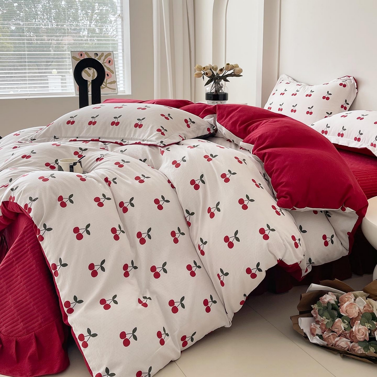 91家纺网 家纺一手货源 找家纺 慕希家纺 2026新款皱皱水洗棉床盖款四件套 樱桃蜜语