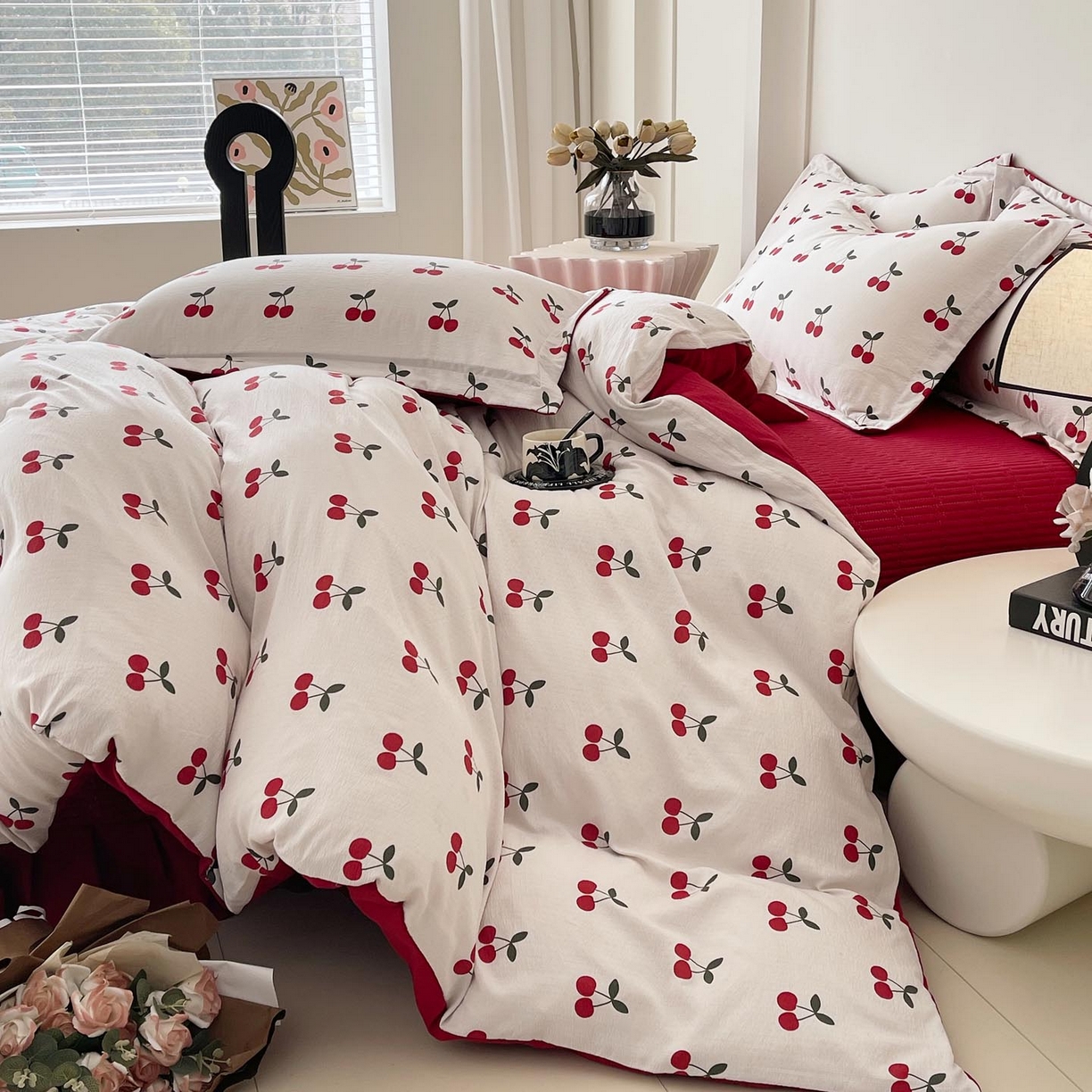 91家纺网 家纺一手货源 找家纺 慕希家纺 2026新款皱皱水洗棉床盖款四件套 樱桃蜜语