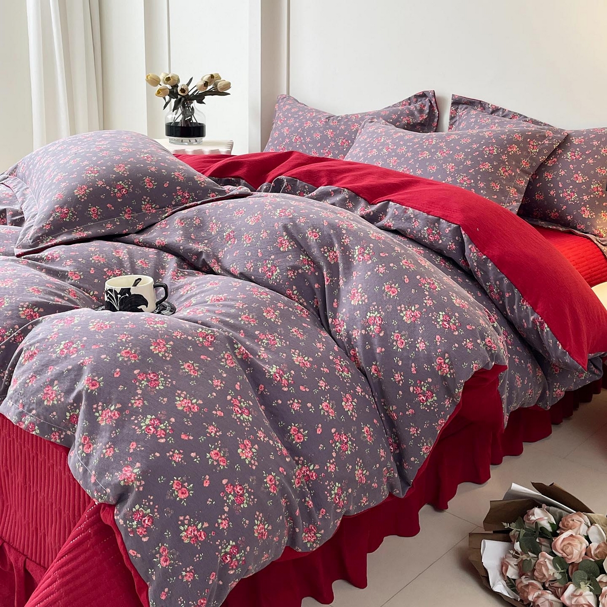 91家纺网 家纺一手货源 找家纺 慕希家纺 2026新款皱皱水洗棉床盖款四件套 繁花