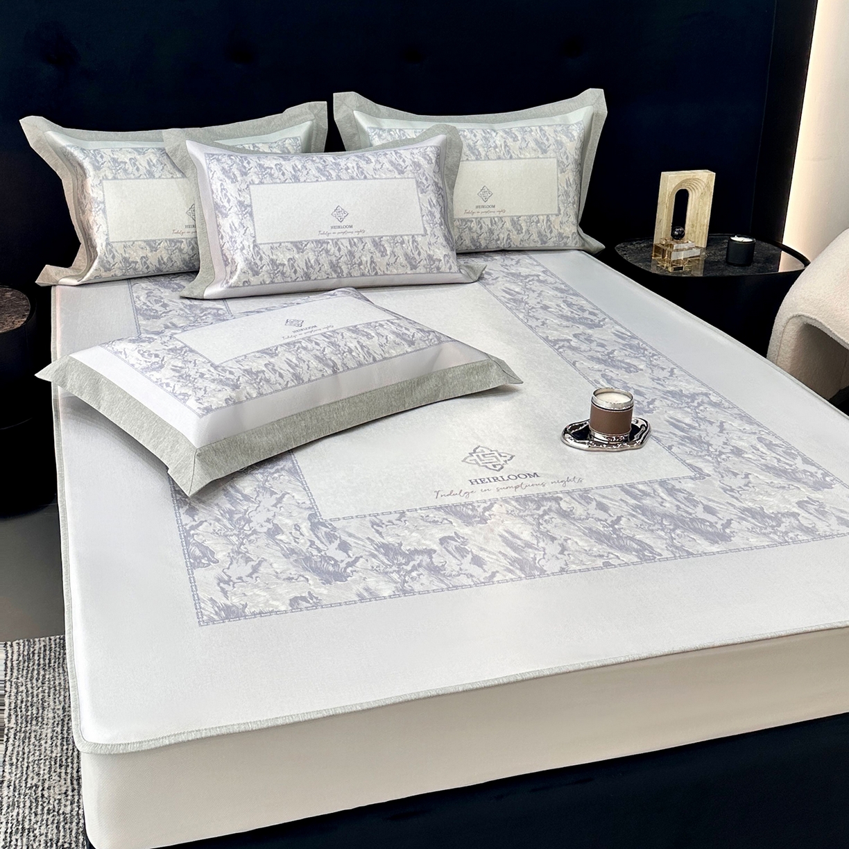 91家纺网 家纺一手货源 找家纺 JUICY 橘滋家纺 2026年夏日新款高端简约意式轻奢数码冰丝席凉席 床笠款-流云石琥珀-紫烟