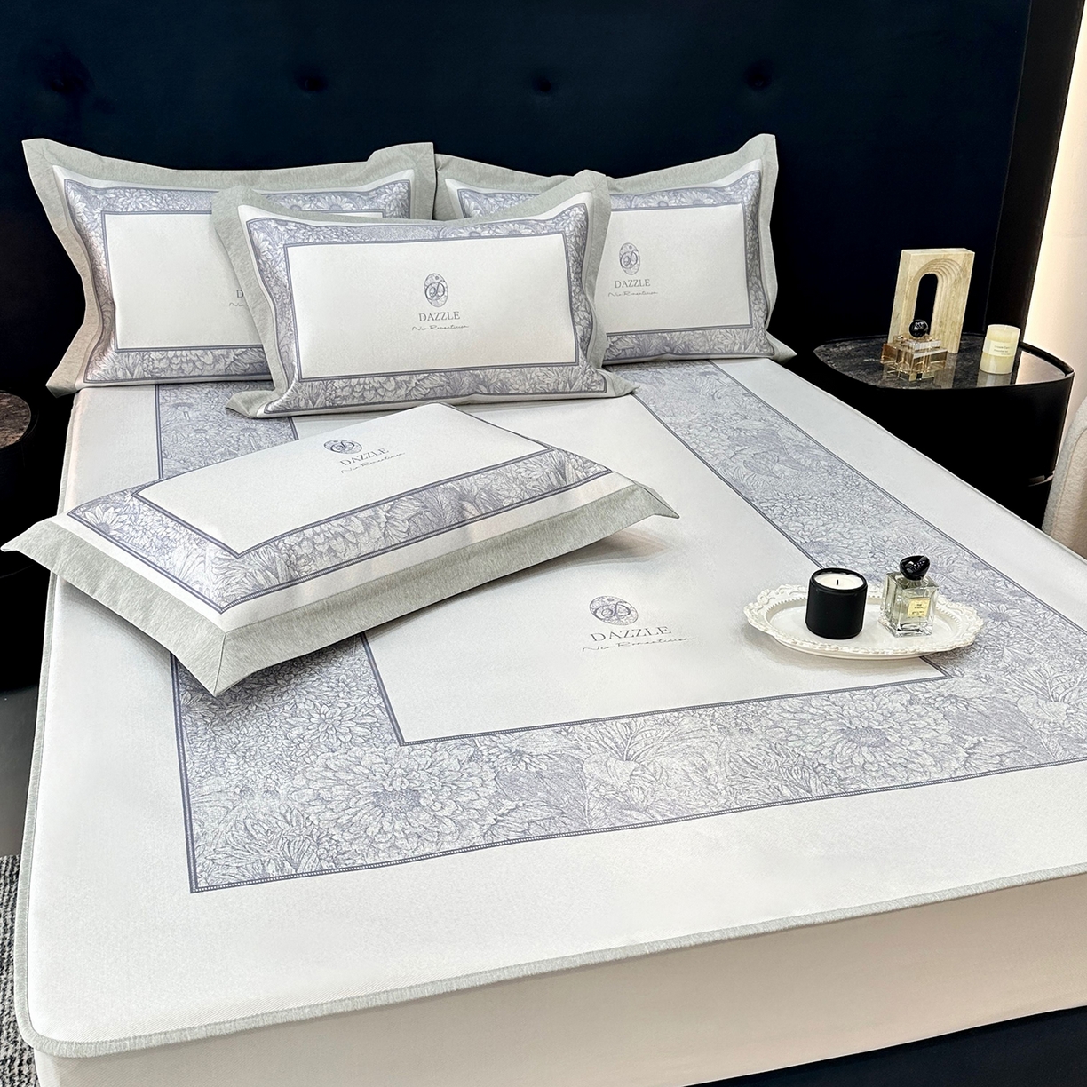 91家纺网 家纺一手货源 找家纺 JUICY 橘滋家纺 2026年夏日新款高端简约意式轻奢数码冰丝席凉席 床笠款-莫奈花园