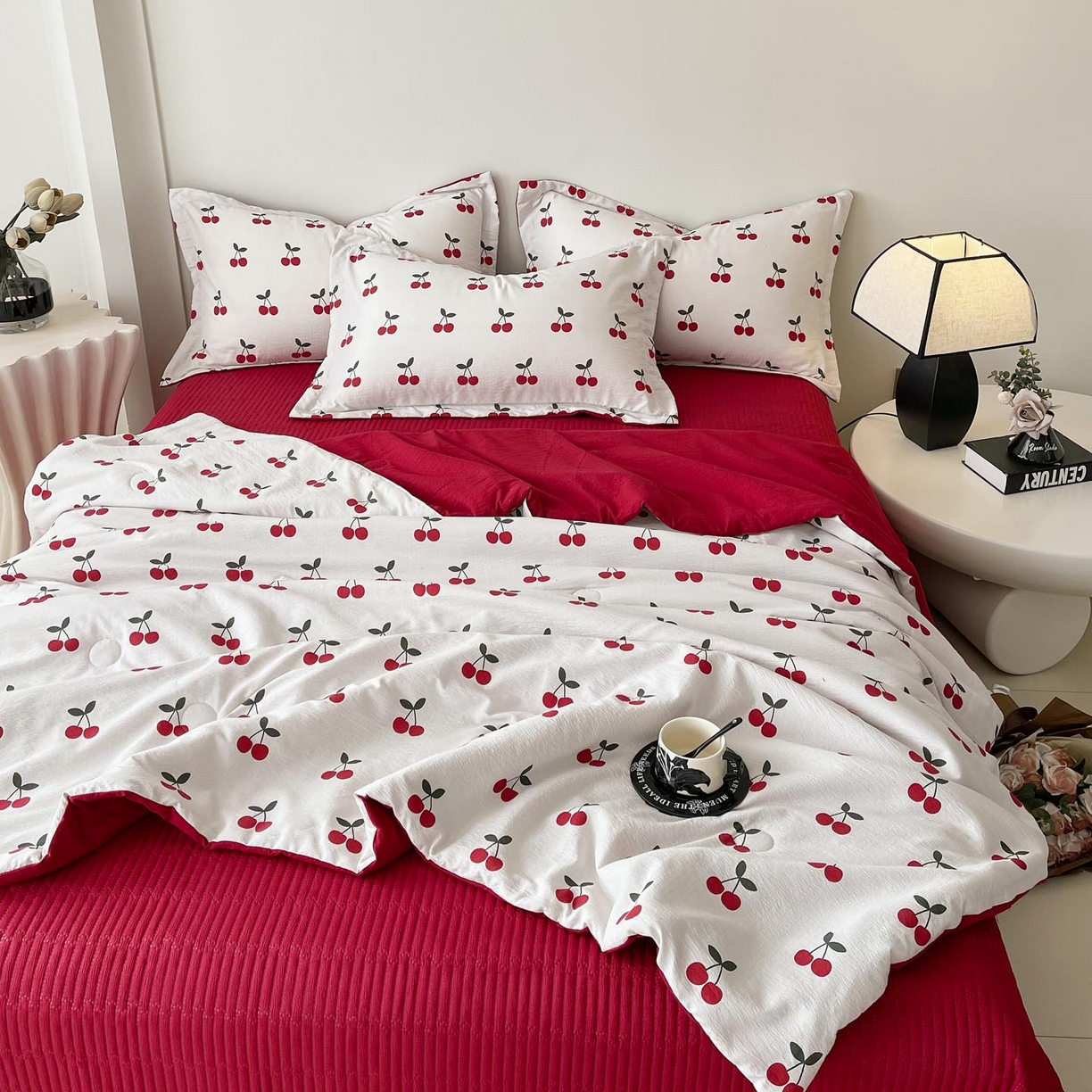 慕希家纺 2026新款皱皱水洗棉床盖夏被夏凉被空调被四件套 樱桃蜜语