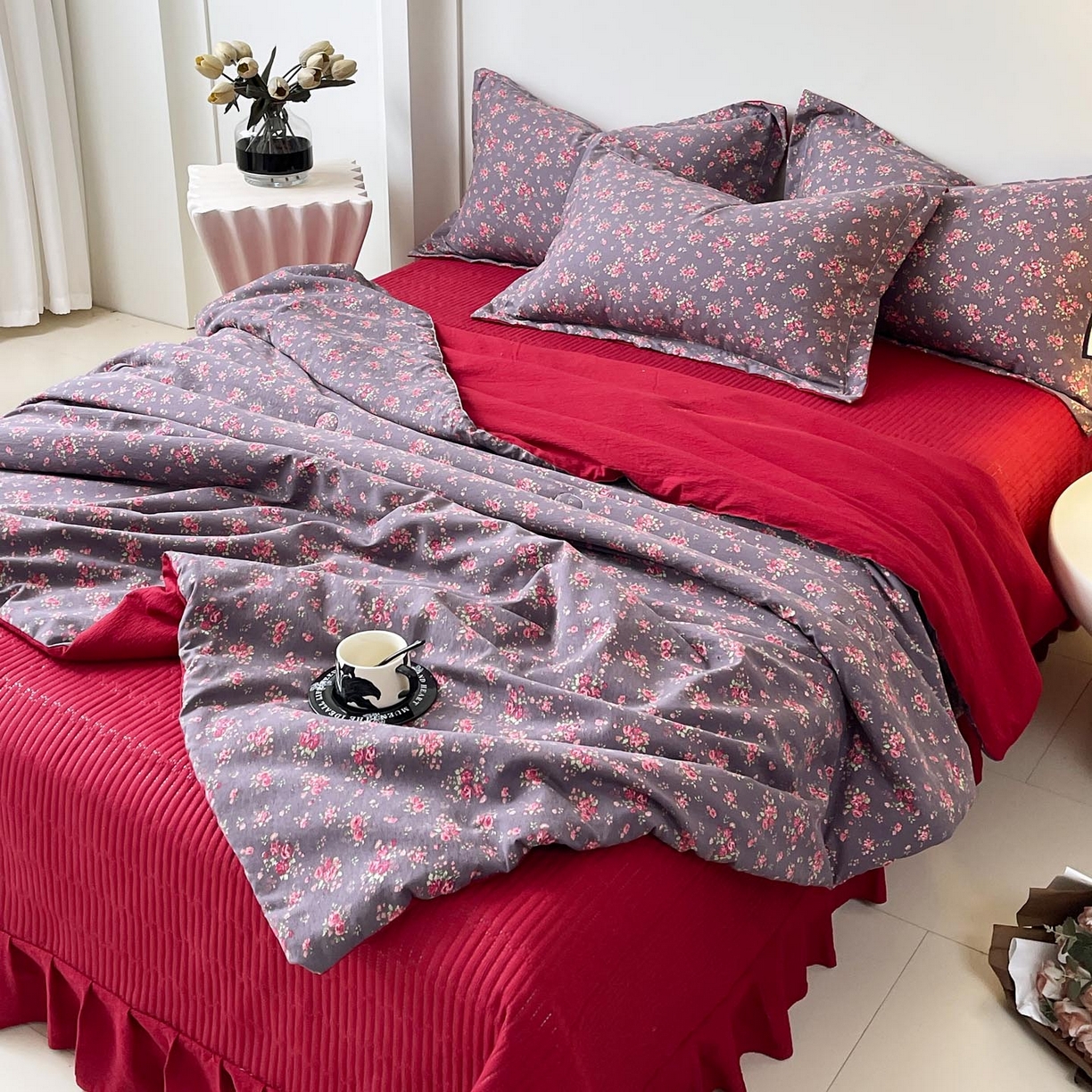 91家纺网 家纺一手货源 找家纺 慕希家纺 2026新款皱皱水洗棉床盖夏被夏凉被空调被四件套 繁花