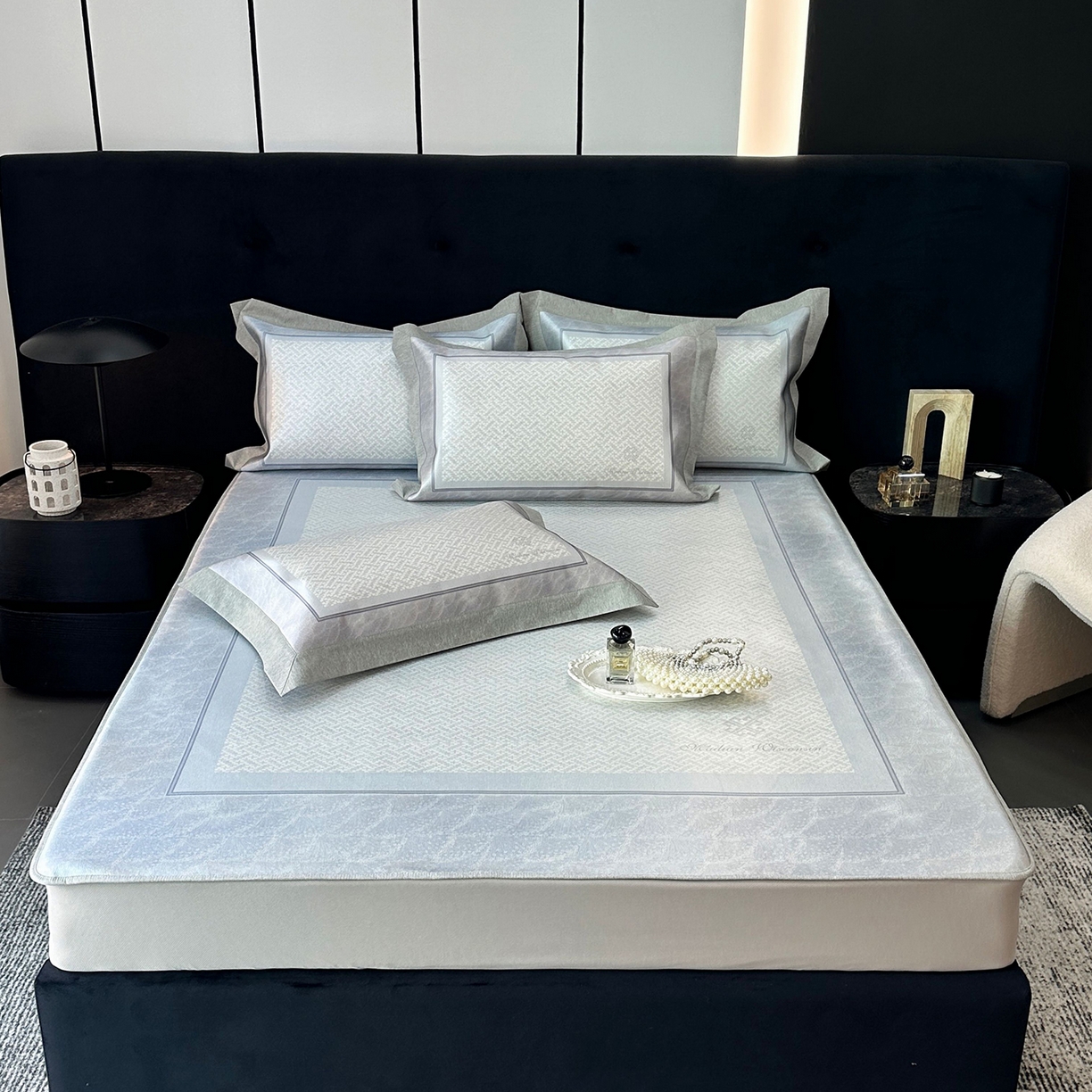 JUICY 橘滋家纺 2026年夏日新款高端简约意式轻奢数码冰丝席凉席 床笠款-星夜秩序-贝母蓝