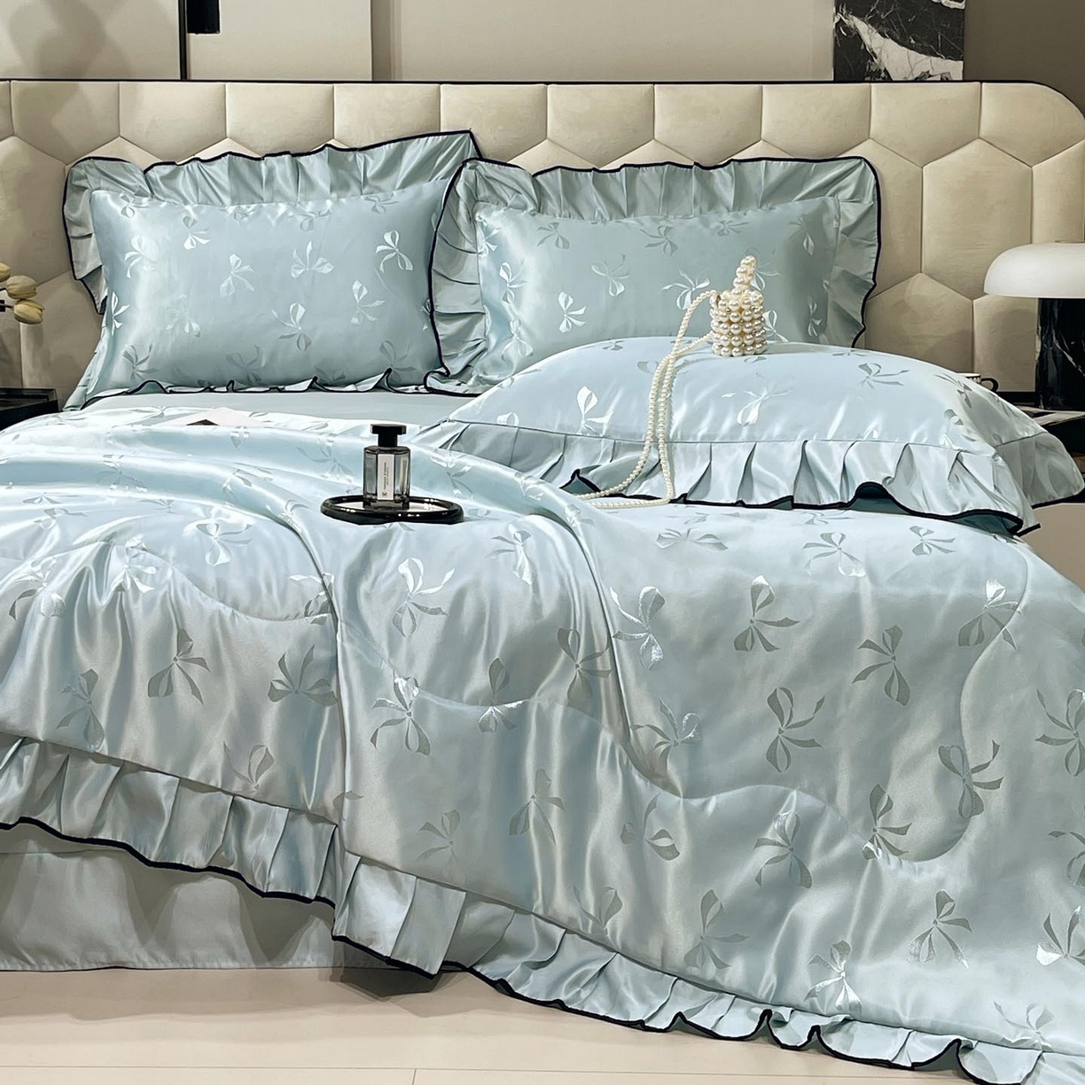 91家纺网 家纺一手货源 找家纺 慕希家纺 2026新款水洗真丝提花夏被夏凉被空调被-蝶序系列 蝶序-薄荷绿