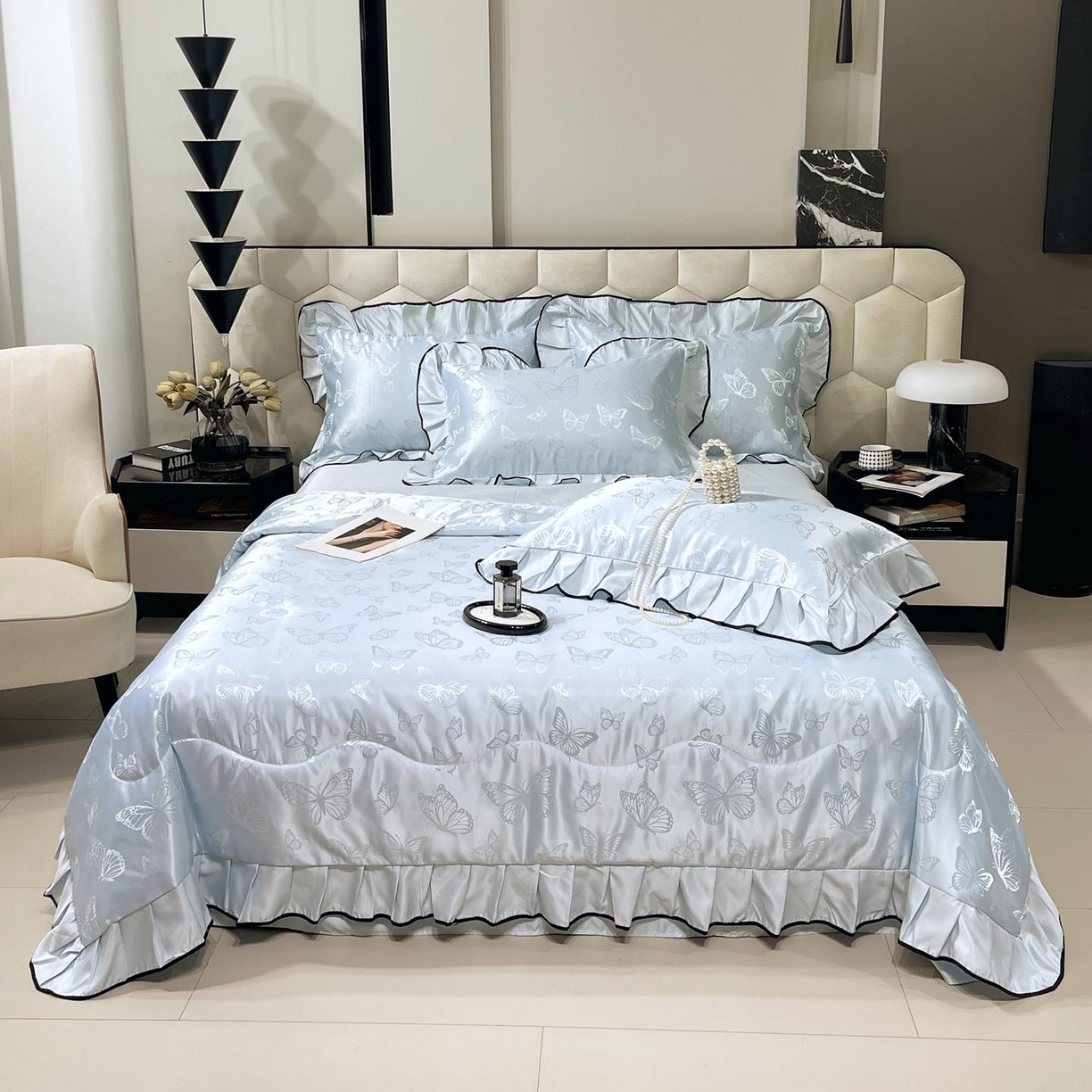 91家纺网 家纺一手货源 找家纺 慕希家纺 2026新款水洗真丝提花夏被夏凉被空调被-蝶序系列 蝶序-冰蓝