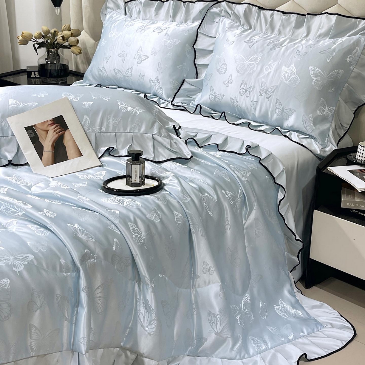慕希家纺 2026新款水洗真丝提花夏被夏凉被空调被-蝶序系列 蝶序-冰蓝