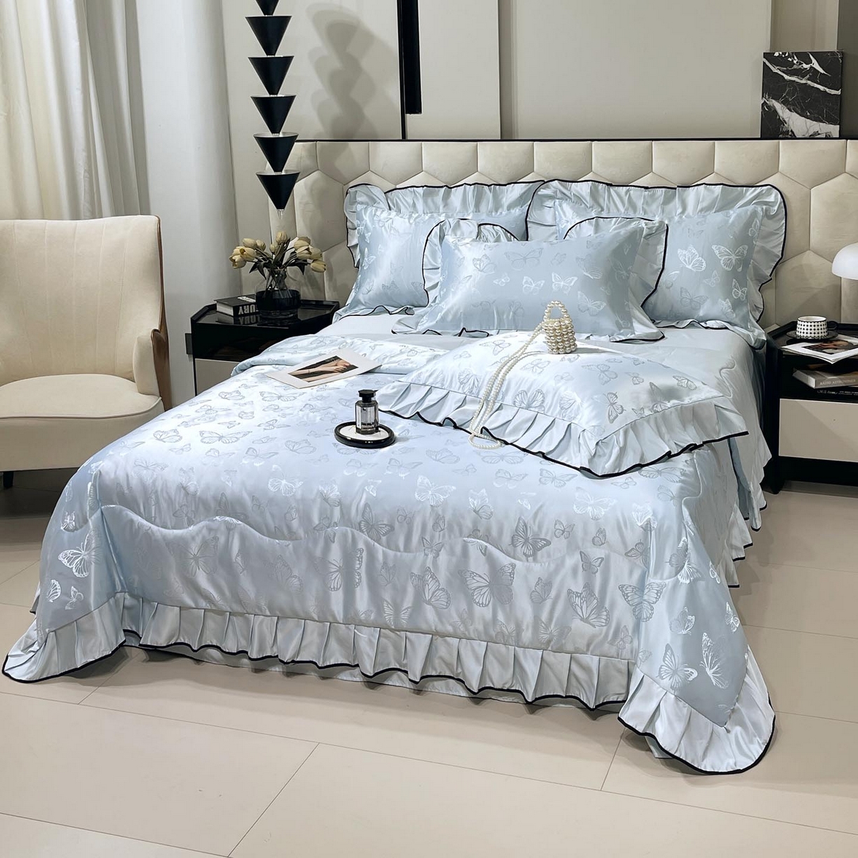 91家纺网 家纺一手货源 找家纺 慕希家纺 2026新款水洗真丝提花夏被夏凉被空调被-蝶序系列 蝶序-冰蓝