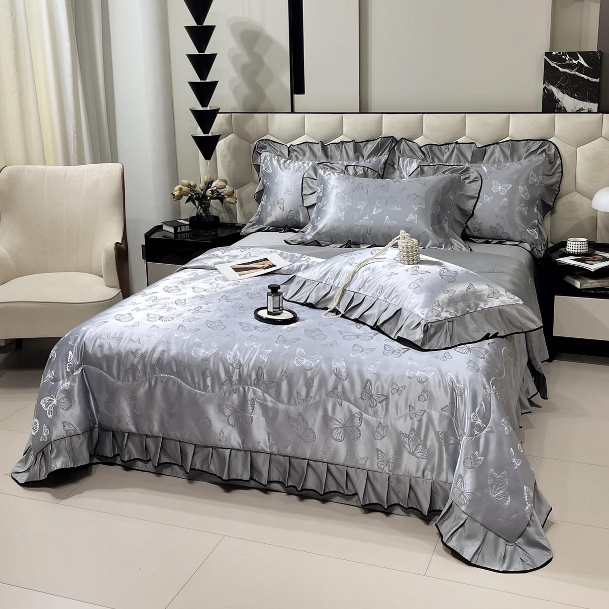 91家纺网 家纺一手货源 找家纺 慕希家纺 2026新款水洗真丝提花夏被夏凉被空调被-蝶序系列 蝶序-冰川灰