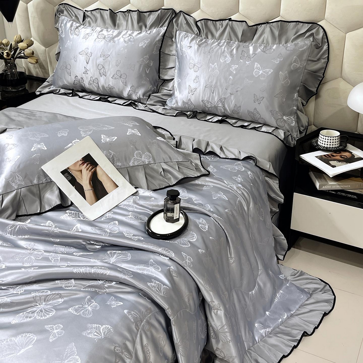 91家纺网 家纺一手货源 找家纺 慕希家纺 2026新款水洗真丝提花夏被夏凉被空调被-蝶序系列 蝶序-冰川灰