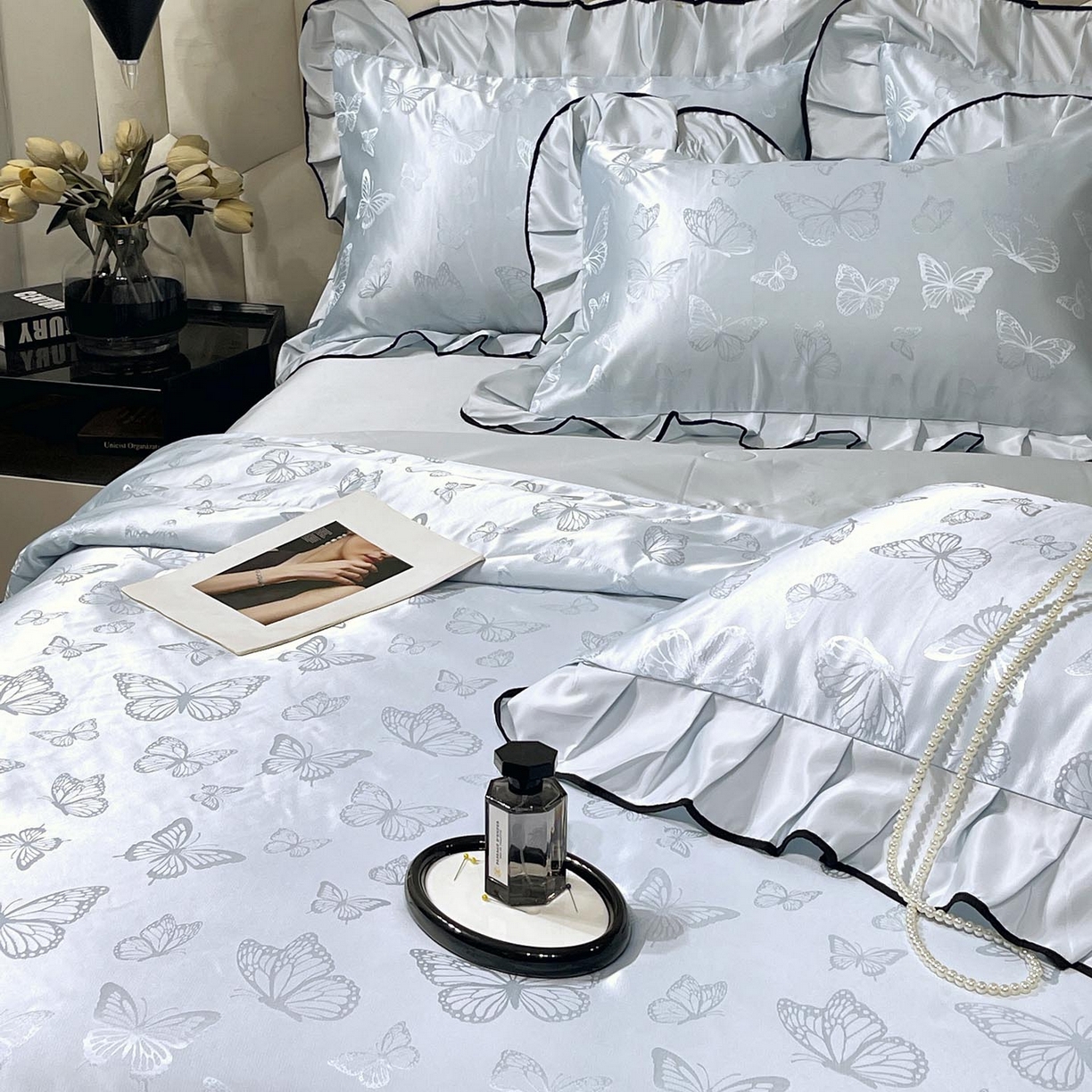 91家纺网 家纺一手货源 找家纺 慕希家纺 2026新款水洗真丝提花夏被夏凉被空调被-蝶序系列 蝶序-冰蓝