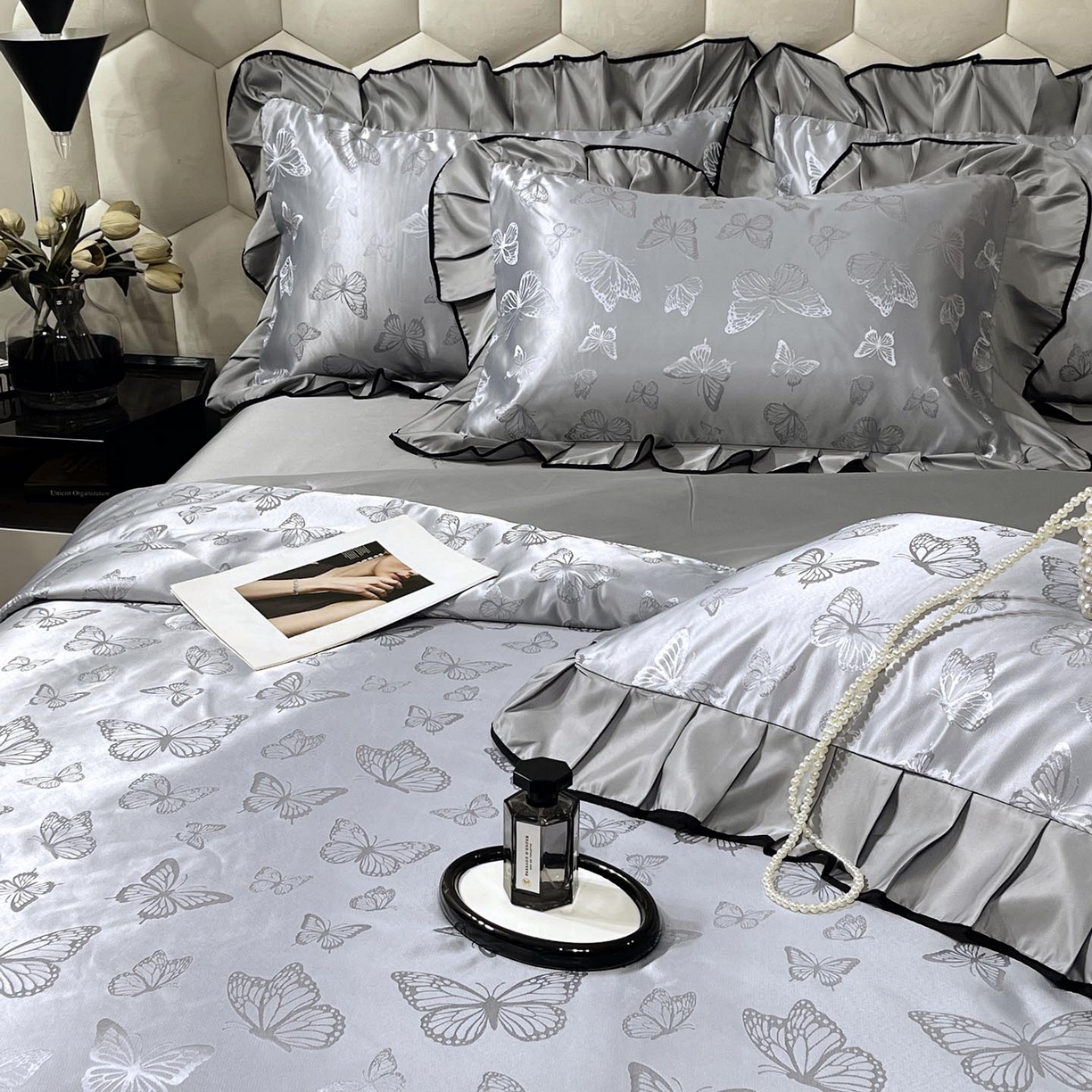 91家纺网 家纺一手货源 找家纺 慕希家纺 2026新款水洗真丝提花夏被夏凉被空调被-蝶序系列 蝶序-冰川灰