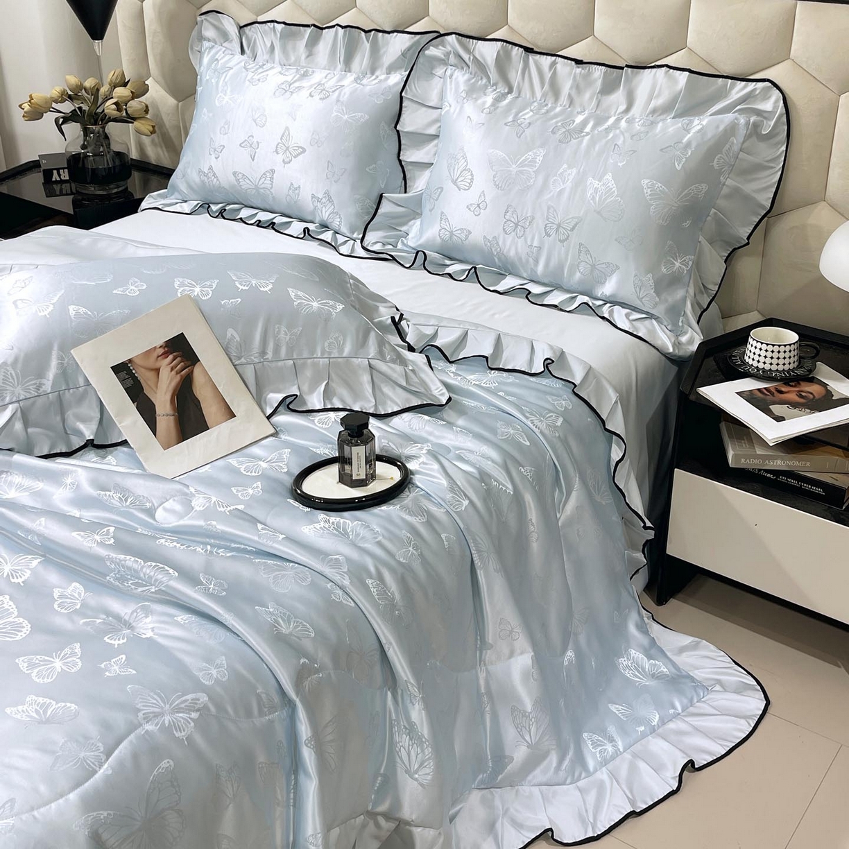 91家纺网 家纺一手货源 找家纺 慕希家纺 2026新款水洗真丝提花夏被夏凉被空调被-蝶序系列 蝶序-冰蓝