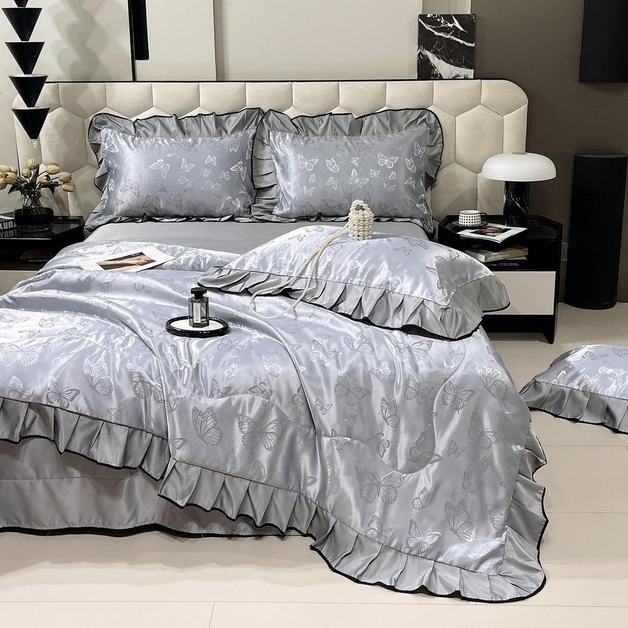 91家纺网 家纺一手货源 找家纺 慕希家纺 2026新款水洗真丝提花夏被夏凉被空调被-蝶序系列 蝶序-冰川灰