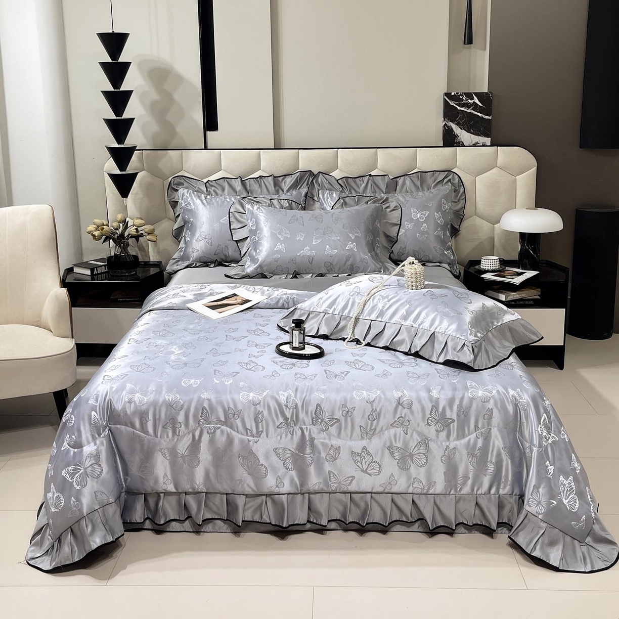 91家纺网 家纺一手货源 找家纺 慕希家纺 2026新款水洗真丝提花夏被夏凉被空调被-蝶序系列 蝶序-冰川灰