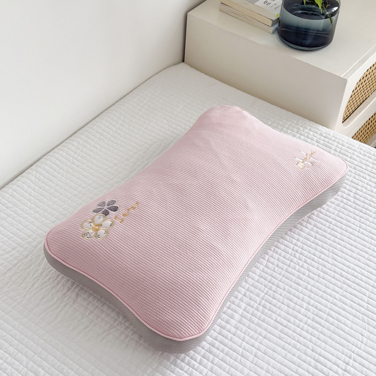 蔻眠 凉感丝花眠立体荞麦护颈枕芯夏季凉豆豆枕头 花眠立体-粉色