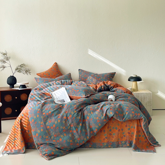 91家纺网 家纺一手货源 找家纺 春皖家纺 2026新款提花双层纱纯棉全棉四件套 映阳-蓝黄