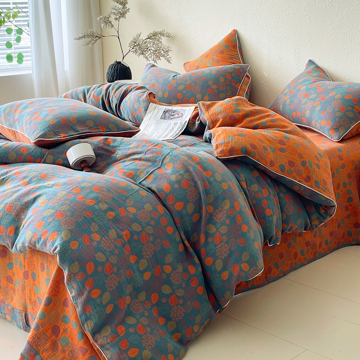 91家纺网 家纺一手货源 找家纺 春皖家纺 2026新款提花双层纱纯棉全棉四件套 映阳-蓝黄