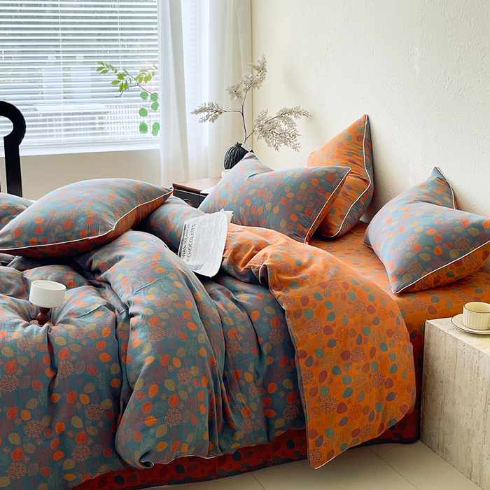 91家纺网 家纺一手货源 找家纺 春皖家纺 2026新款提花双层纱纯棉全棉四件套 映阳-蓝黄