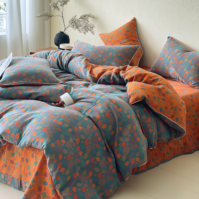 91家纺网 家纺一手货源 找家纺 春皖家纺 2026新款提花双层纱纯棉全棉四件套 映阳-蓝黄