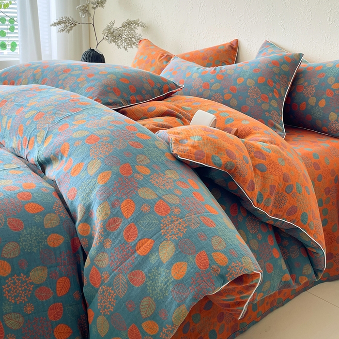 91家纺网 家纺一手货源 找家纺 春皖家纺 2026新款提花双层纱纯棉全棉四件套 映阳-蓝黄