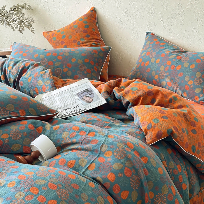 91家纺网 家纺一手货源 找家纺 春皖家纺 2026新款提花双层纱纯棉全棉四件套 映阳-蓝黄