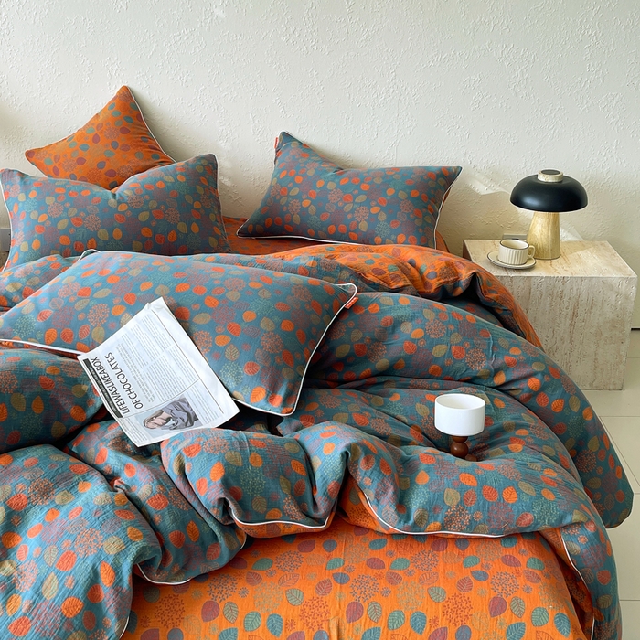 91家纺网 家纺一手货源 找家纺 春皖家纺 2026新款提花双层纱纯棉全棉四件套 映阳-蓝黄