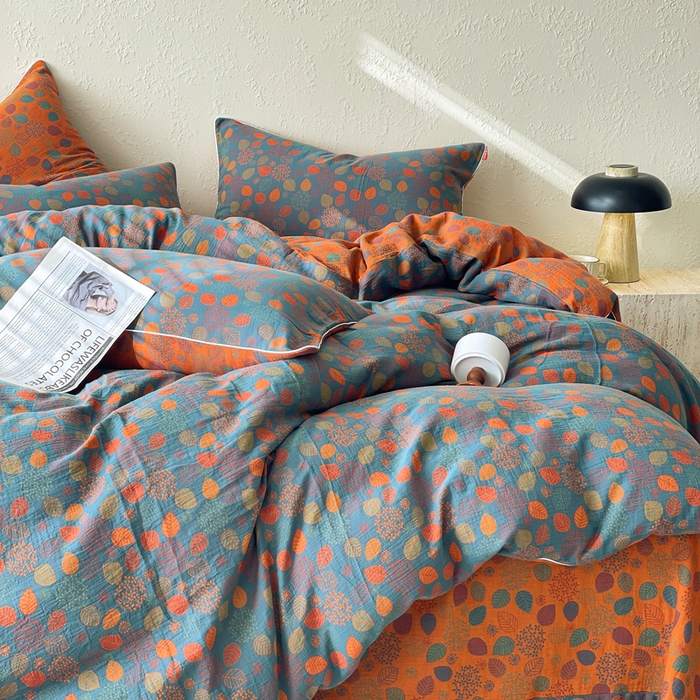 91家纺网 家纺一手货源 找家纺 春皖家纺 2026新款提花双层纱纯棉全棉四件套 映阳-蓝黄