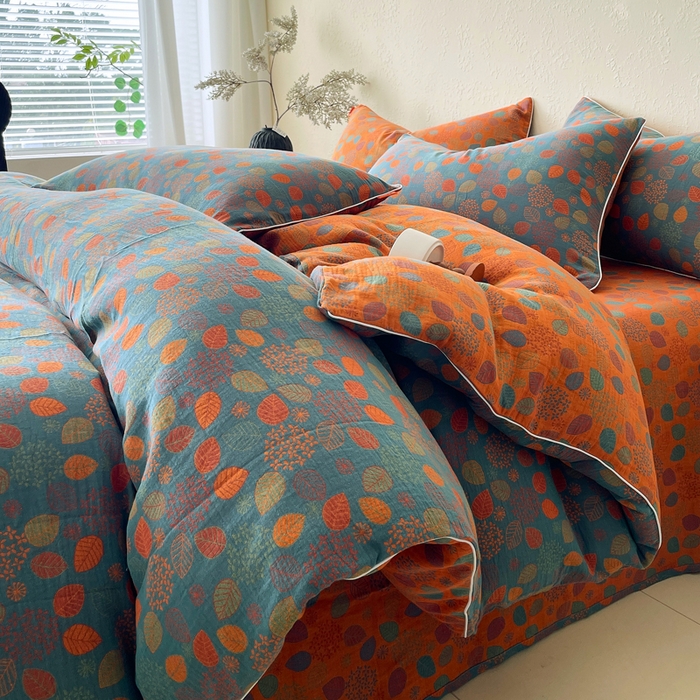 春皖家纺 2026新款提花双层纱纯棉全棉四件套 映阳-蓝黄