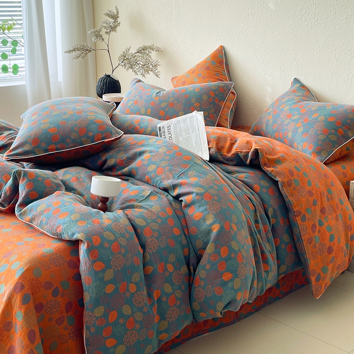 91家纺网 家纺一手货源 找家纺 春皖家纺 2026新款提花双层纱纯棉全棉四件套 映阳-蓝黄