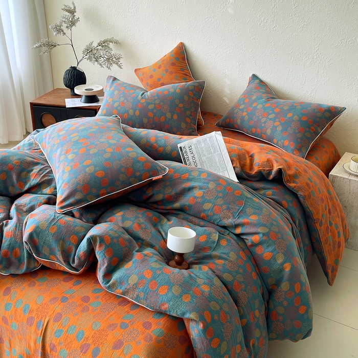 91家纺网 家纺一手货源 找家纺 春皖家纺 2026新款提花双层纱纯棉全棉四件套 映阳-蓝黄