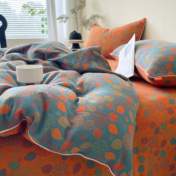 91家纺网 家纺一手货源 找家纺 春皖家纺 2026新款提花双层纱纯棉全棉四件套 映阳-蓝黄