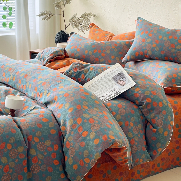 91家纺网 家纺一手货源 找家纺 春皖家纺 2026新款提花双层纱纯棉全棉四件套 映阳-蓝黄