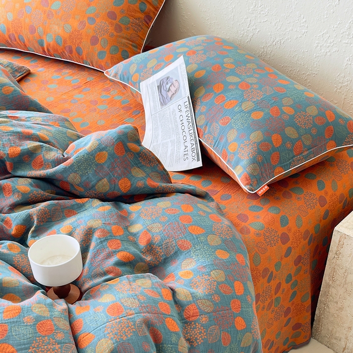 91家纺网 家纺一手货源 找家纺 春皖家纺 2026新款提花双层纱纯棉全棉四件套 映阳-蓝黄