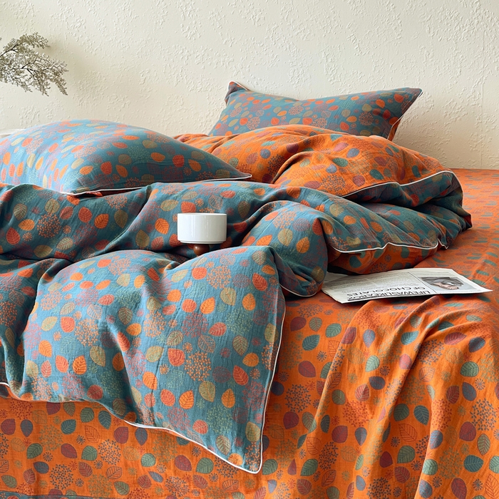 91家纺网 家纺一手货源 找家纺 春皖家纺 2026新款提花双层纱纯棉全棉四件套 映阳-蓝黄