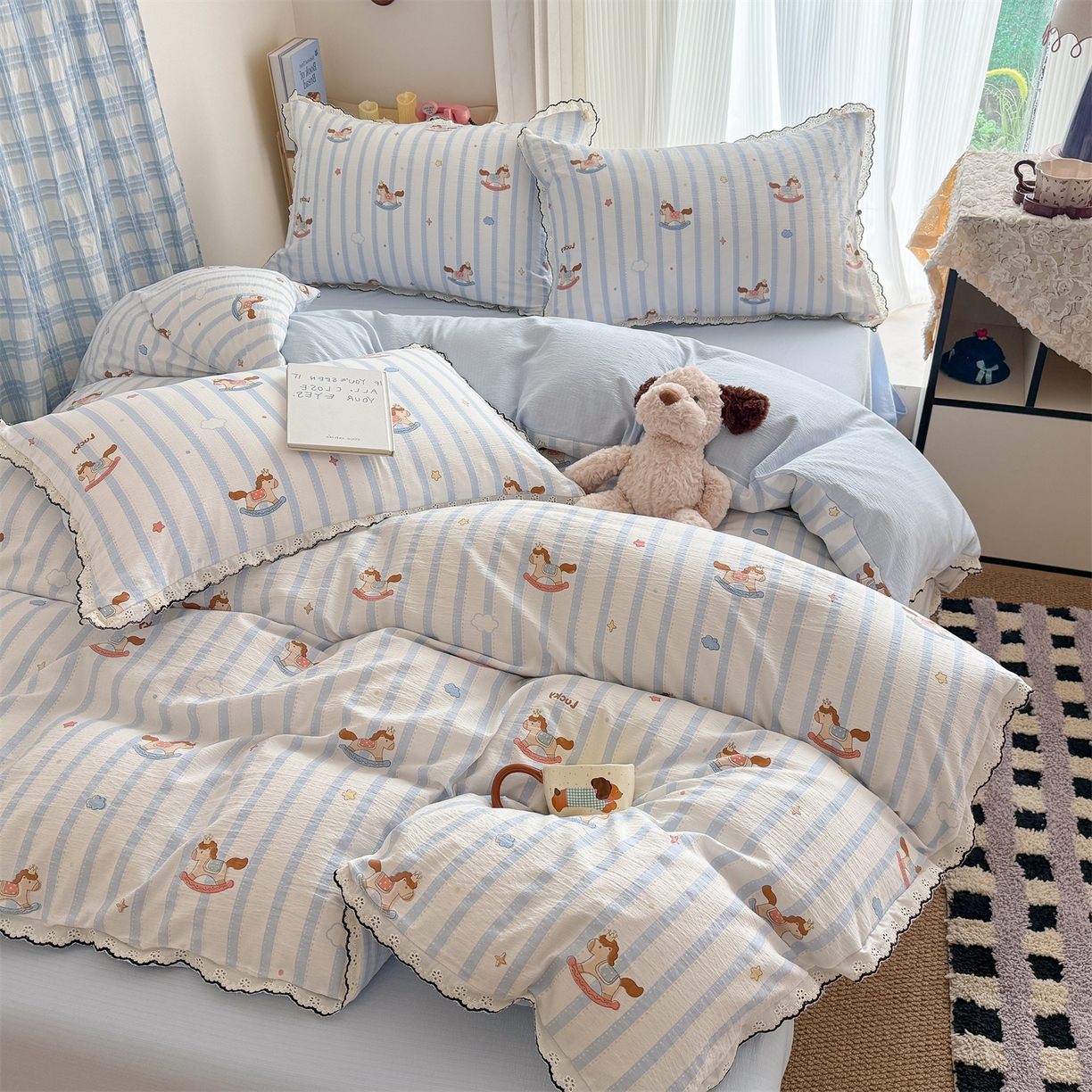 91家纺网 家纺一手货源 找家纺 （总）温眠家纺 2026新款针织提花双层纱全棉蕾丝花边四件套