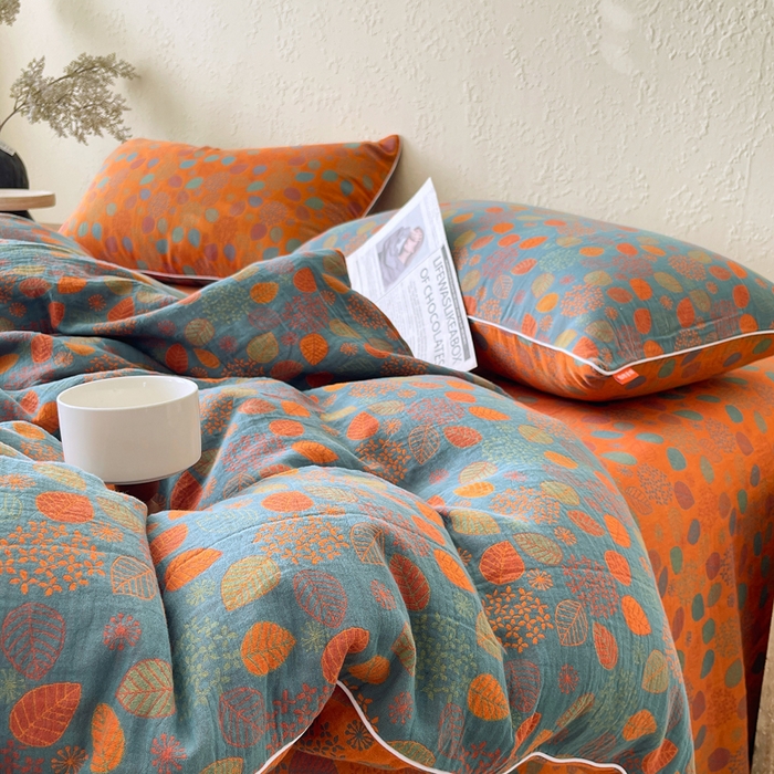 91家纺网 家纺一手货源 找家纺 春皖家纺 2026新款提花双层纱纯棉全棉四件套 映阳-蓝黄