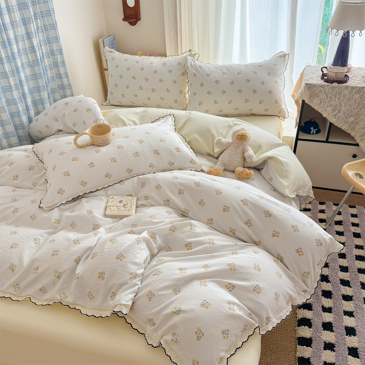 91家纺网 家纺一手货源 找家纺 （总）温眠家纺 2026新款针织提花双层纱全棉蕾丝花边四件套