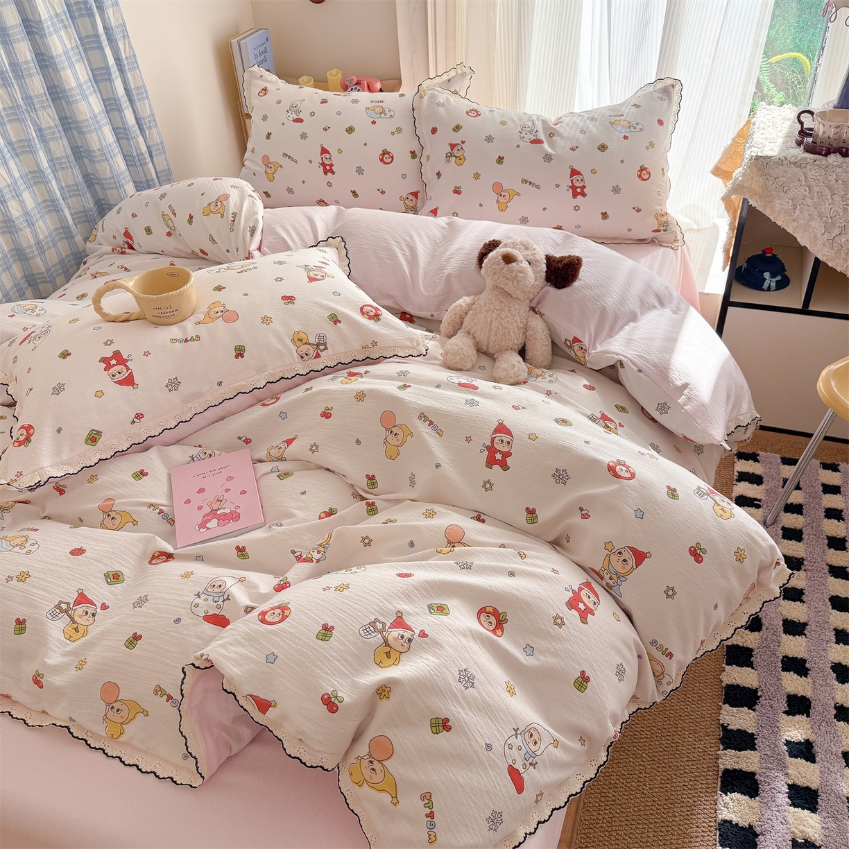 91家纺网 家纺一手货源 找家纺 （总）温眠家纺 2026新款针织提花双层纱全棉蕾丝花边四件套