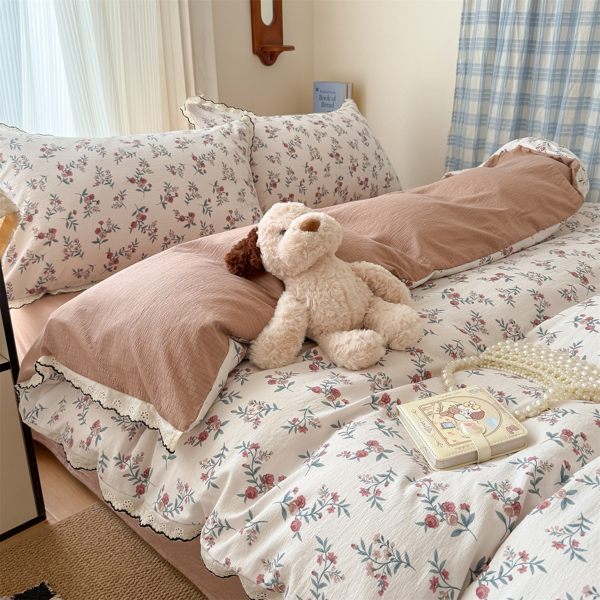 91家纺网 家纺一手货源 找家纺 （总）温眠家纺 2026新款针织提花双层纱全棉蕾丝花边四件套