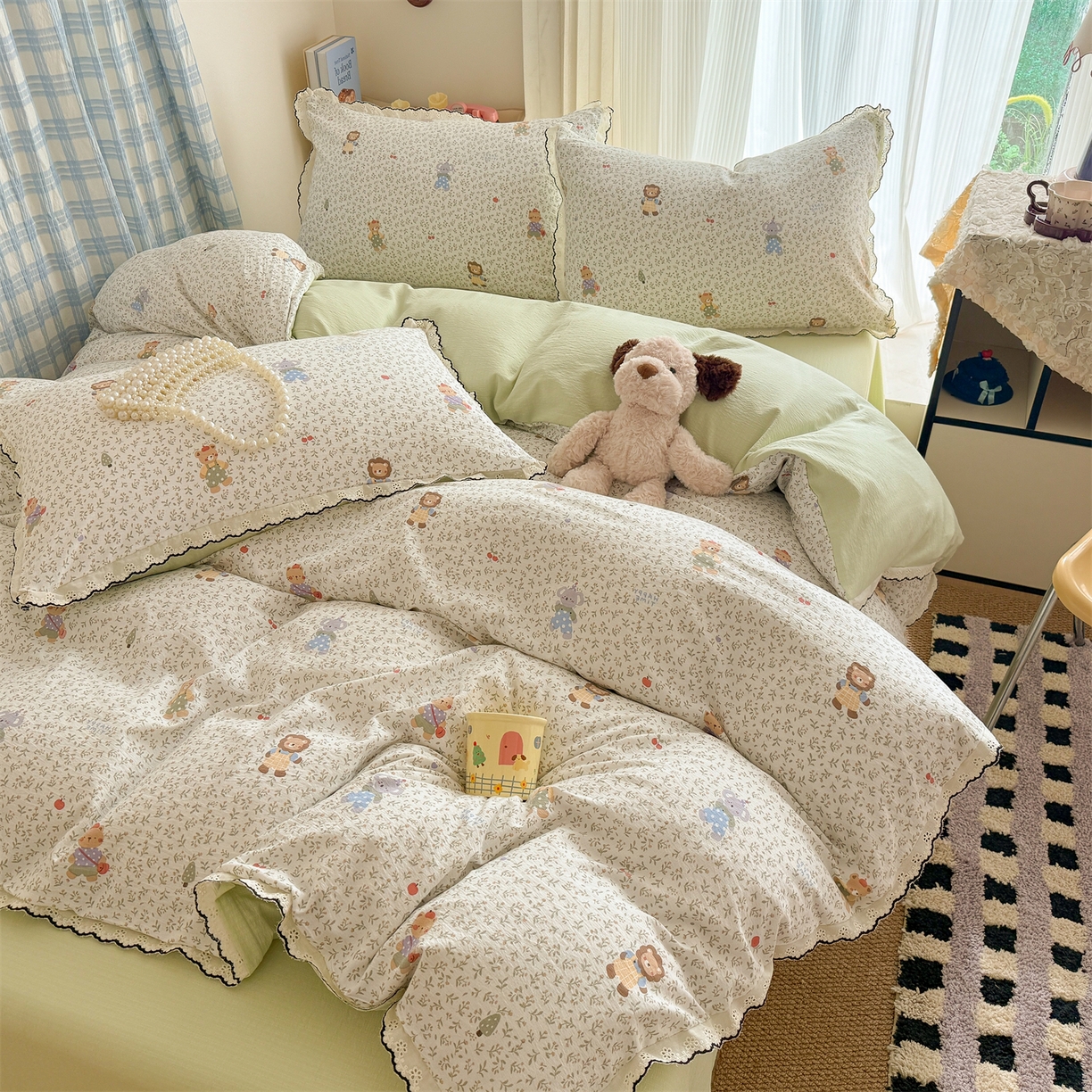 91家纺网 家纺一手货源 找家纺 （总）温眠家纺 2026新款针织提花双层纱全棉蕾丝花边四件套